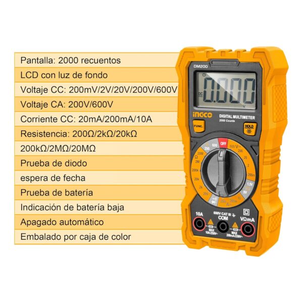 Multimetro Digital CATIII 600V DM200 INGCO - Image 2